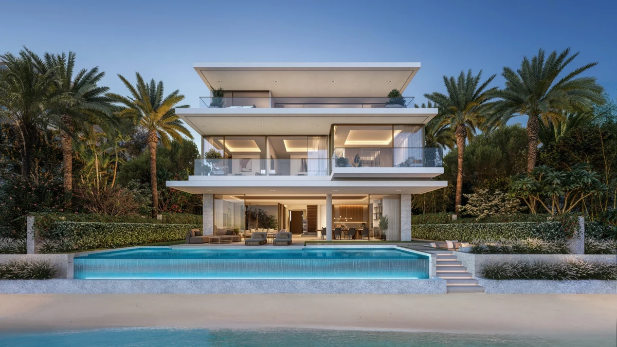 Official Nakheel rendering of a Palm Jebel Ali Beach Collection villa with private pool, garden and beach frontage