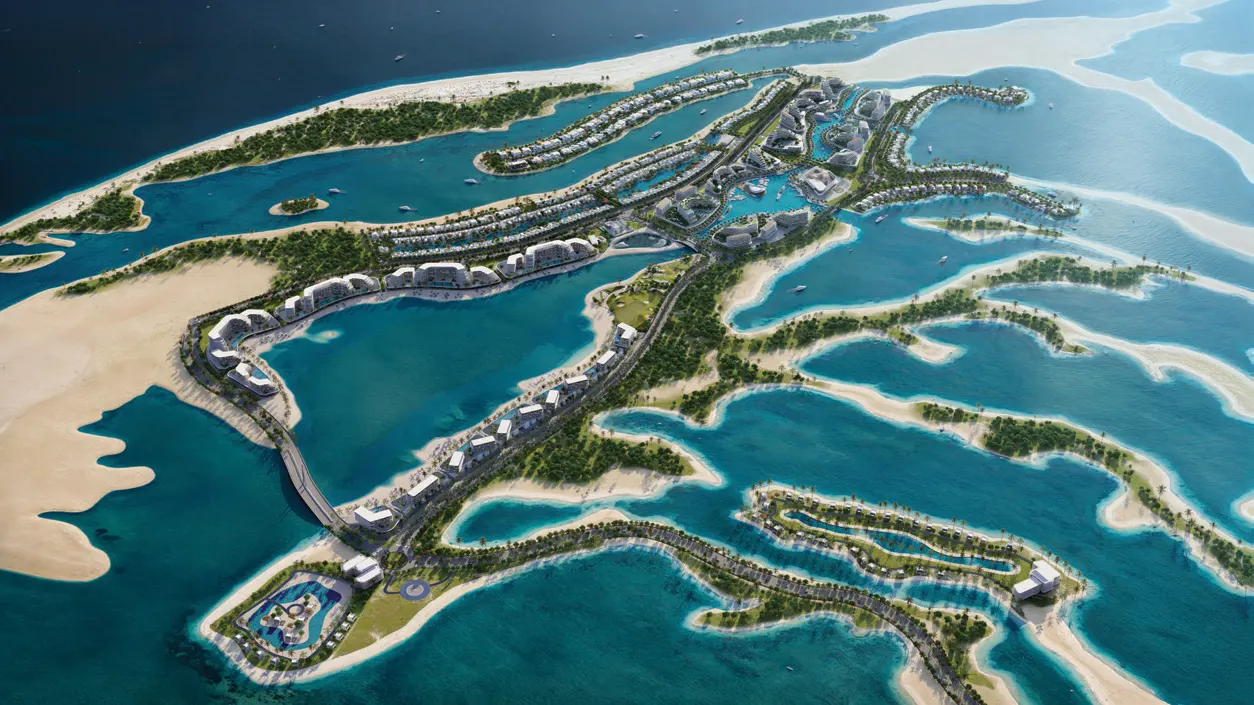 Aerial render of the Sobha Siniya Island masterplan with beachfront, lagoons and mainland bridge in Umm Al Quwain Aerial render of the Sobha Siniya Island masterplan with beachfront, lagoons and mainland bridge in Umm Al Quwain
