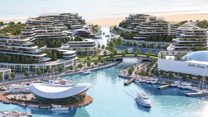 Render of Sobha Siniya Island marina residences with terraced buildings, yacht berths and beach in Umm Al Quwain Render of Sobha Siniya Island marina residences with terraced buildings, yacht berths and beach in Umm Al Quwain