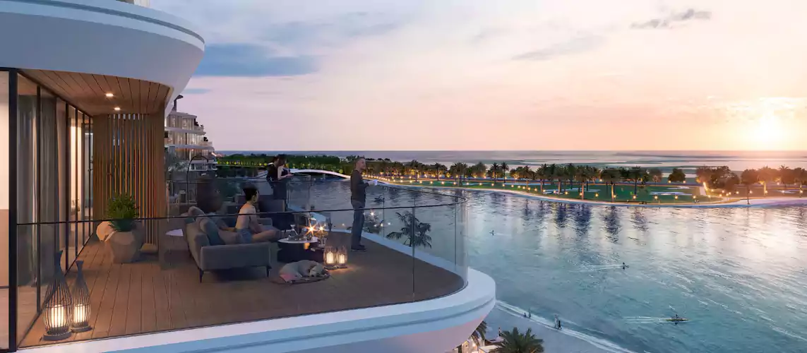 Render of a sea-facing terrace at a Sobha Siniya Island residence overlooking the water at sunset Render of a sea-facing terrace at a Sobha Siniya Island residence overlooking the water at sunset