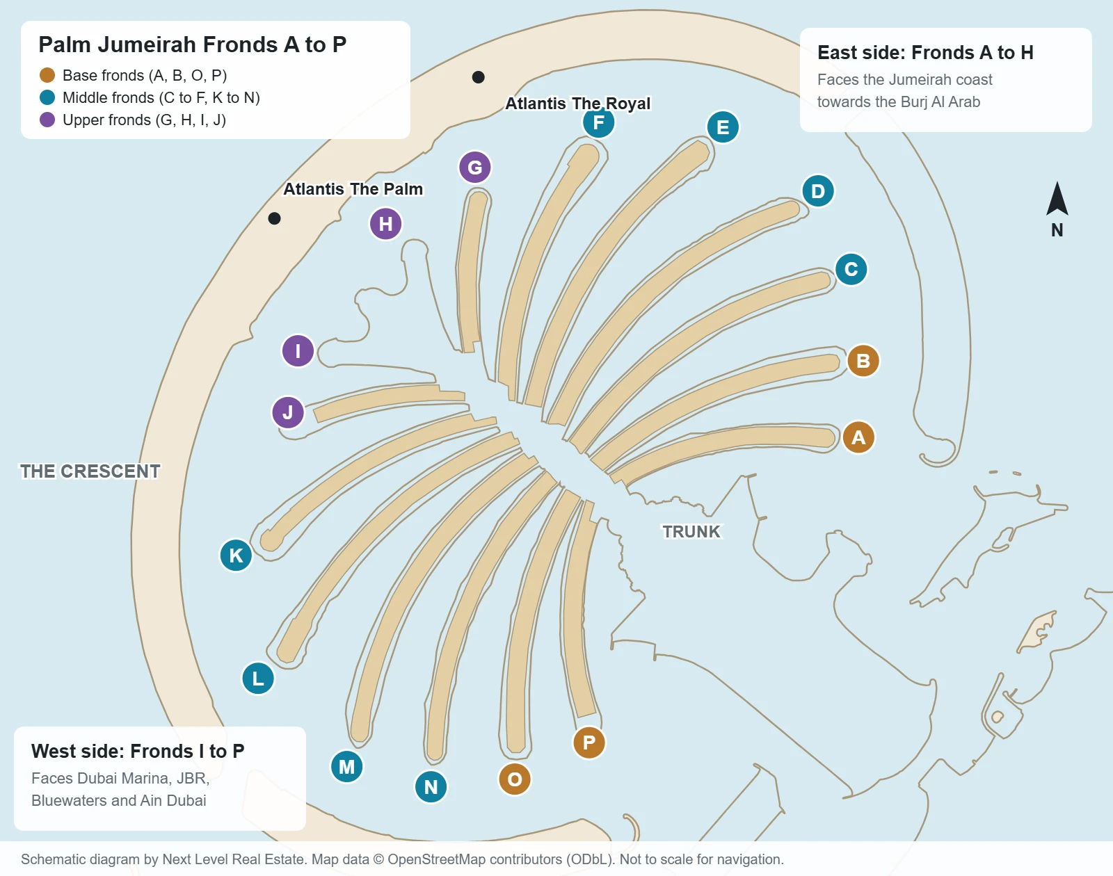 Palm Jumeirah frond map showing Fronds A to P, the trunk, the crescent, Atlantis The Palm and Atlantis The Royal